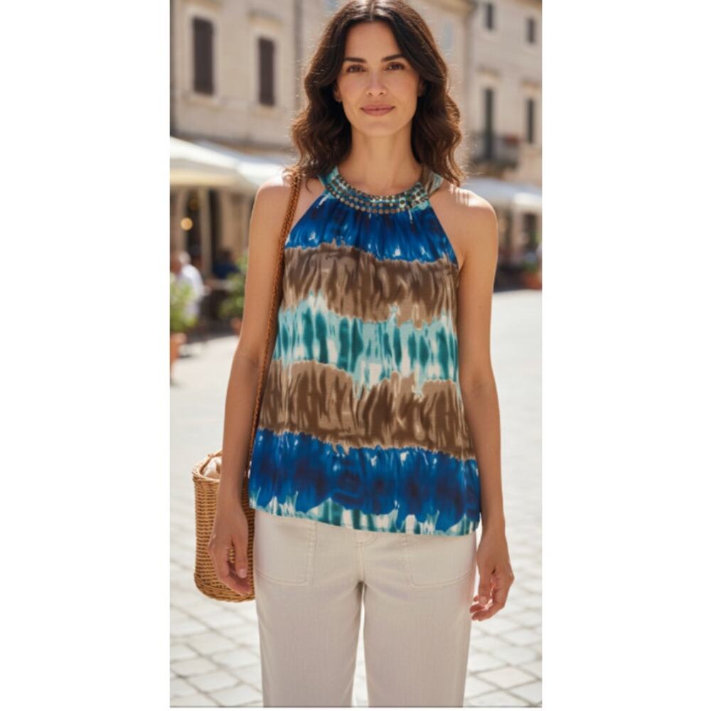 Fred David Sleeveless Sea Blue Accented Halter Top size Large